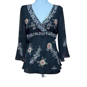 Vintage Y2K Festive Rita Blue Beaded Embroidered Sheer Boho Fairycore Top Size10